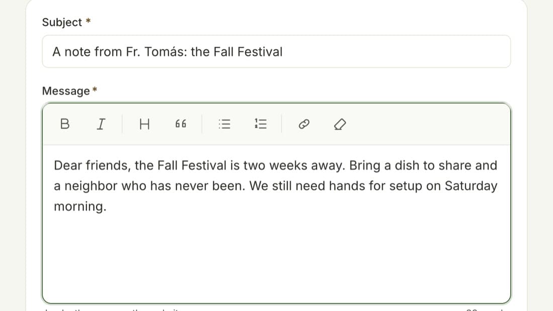 The back-office message composer, with a note from the pastor addressed to every parishioner.