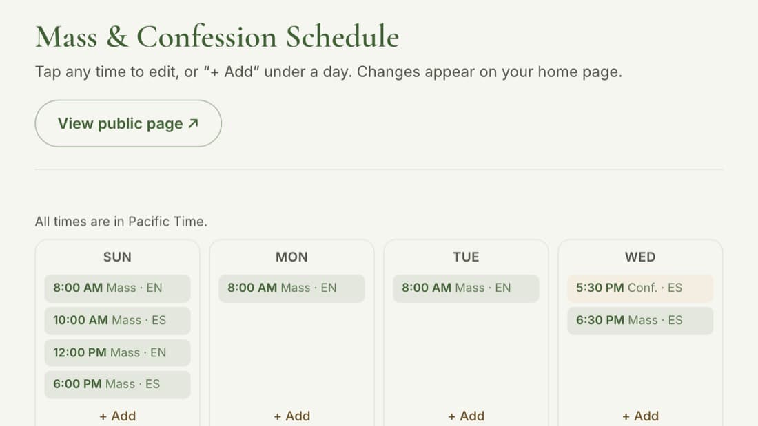 The back-office weekly schedule: Masses, confessions and adoration by day, each marked English or Spanish.