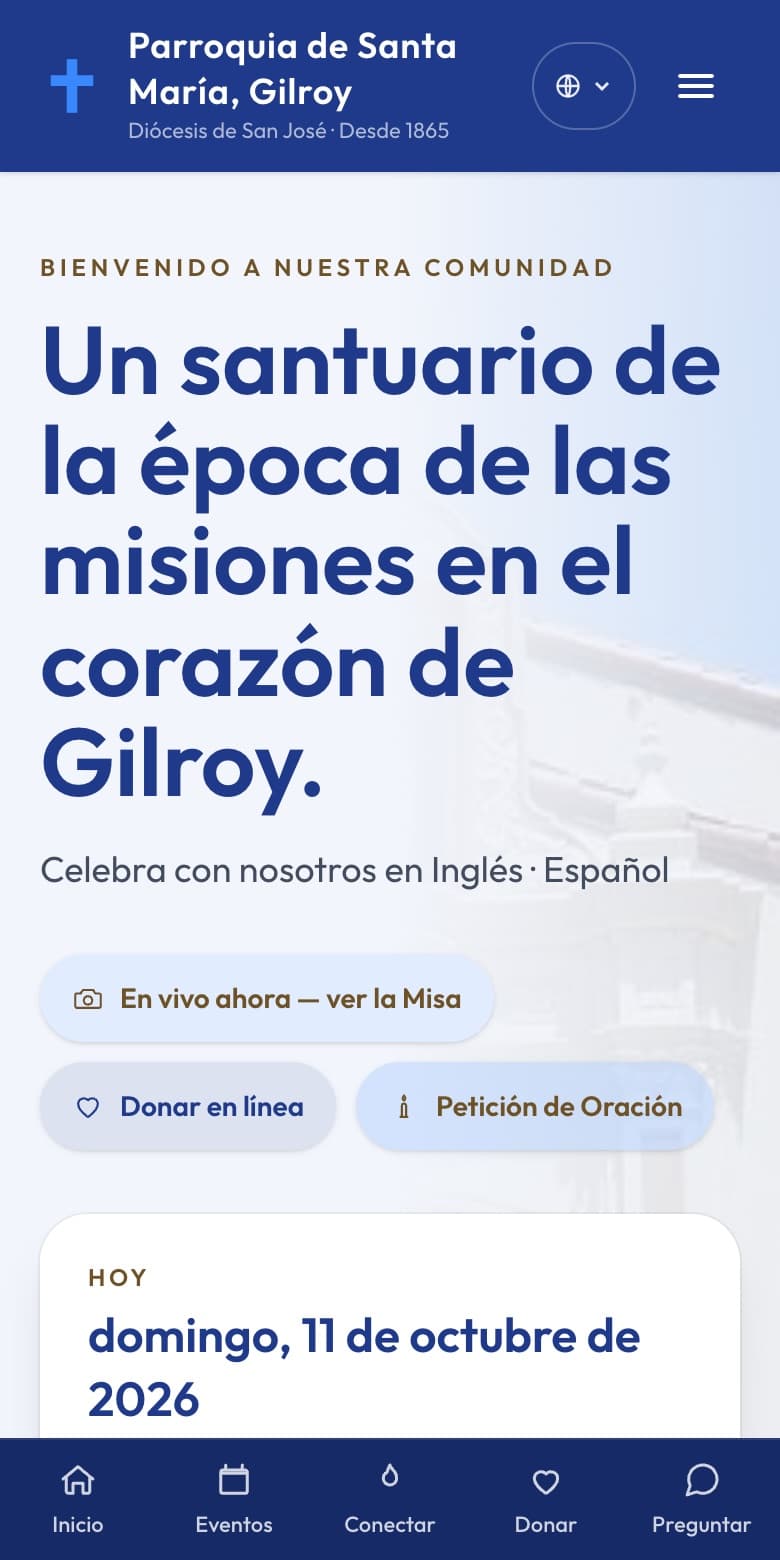 The St. Mary Parish home page on a phone, in Spanish